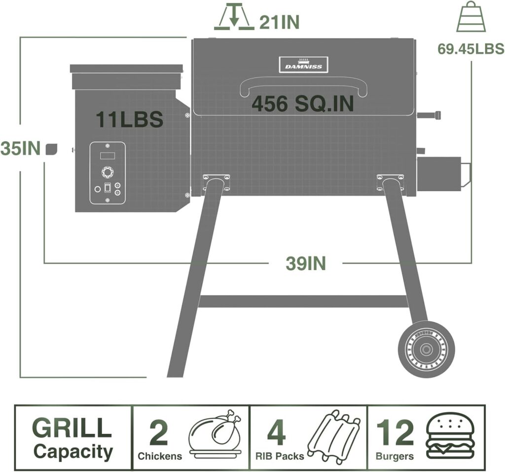 DAMNISS Wood Pellet Grill Smoker 8-in-1 Multifunctional Portable BBQ Grill with Automatic Temperature Control and Rugged Wheels, for Backyard Camping Outdoor Cooking Smoke, Bake and Roast (Green)