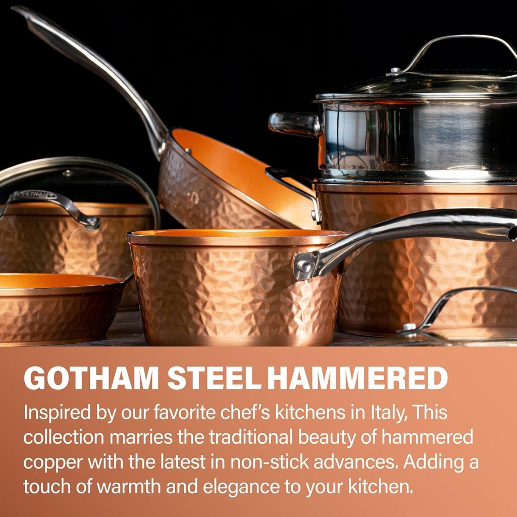 Gotham Steel Hammered 15 Pc Pots and Pans Set Nonstick, Ceramic Cookware + Bakeware Set, Pans for Cooking Non Toxic, Induction Cookware Set for Kitchen, Oven / Dishwasher Safe