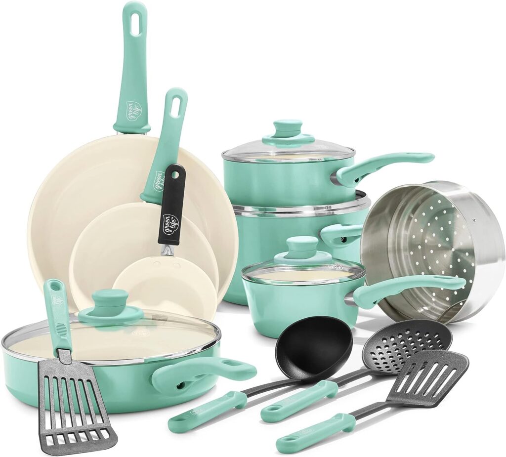 GreenLife Soft Grip Healthy Ceramic Nonstick 16 Piece Kitchen Cookware Pots and Frying Sauce Saute Pans Set, PFAS-Free with Kitchen Utensils and Lid, Dishwasher Safe, Turquoise