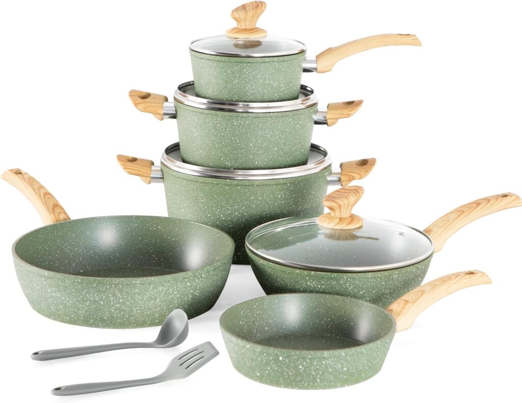 Kitchen Academy Induction Cookware Sets - 12 Piece Green Cooking Pan Set, Granite Nonstick Pots and Pans Set