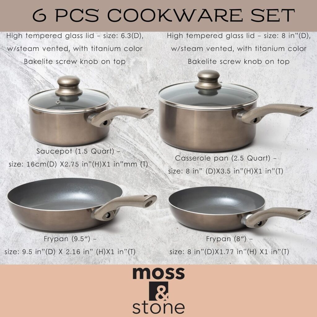 Moss Stone Nonstick Induction Cookware Set, Aluminum Pots and Pans Set with Glass Lid, 6 Piece
