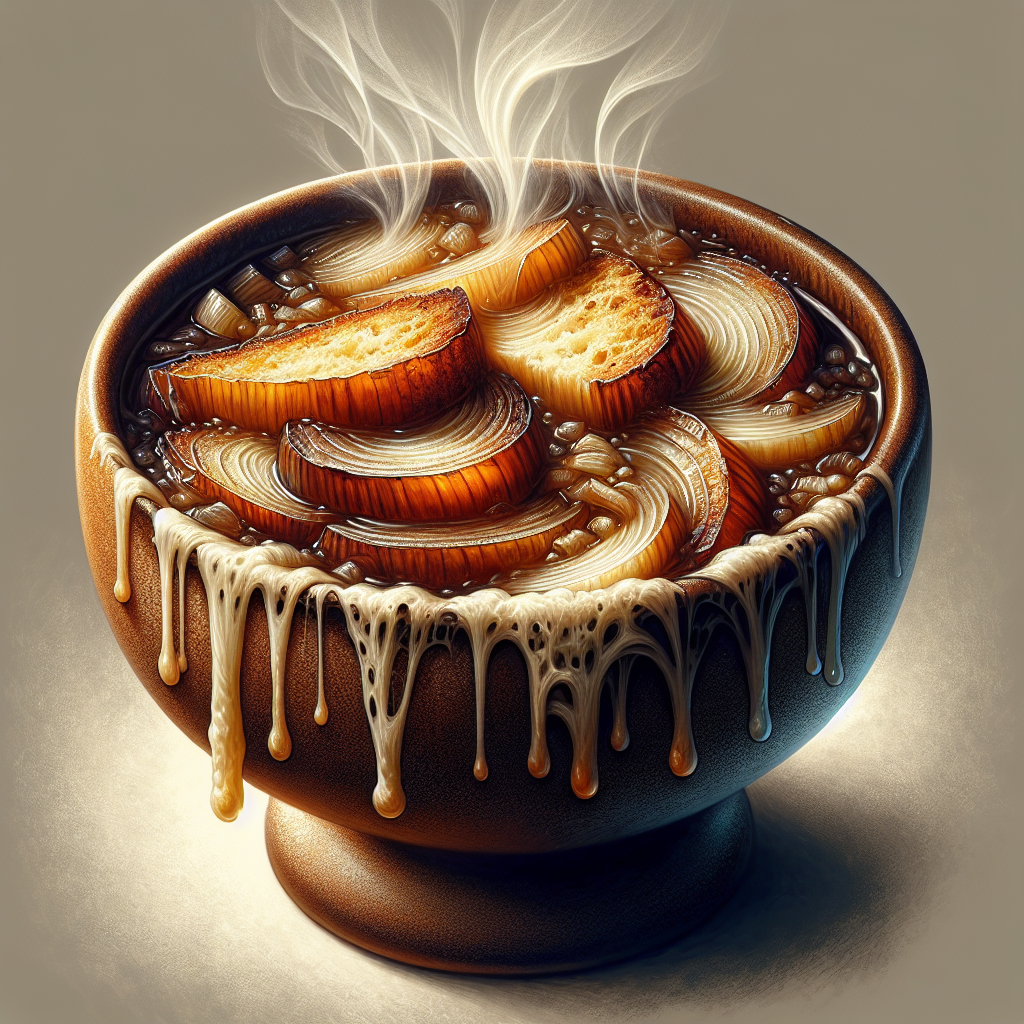 French Onion Soup: Caramelized onions in a flavorful broth, topped with melted cheese and crusty bread.