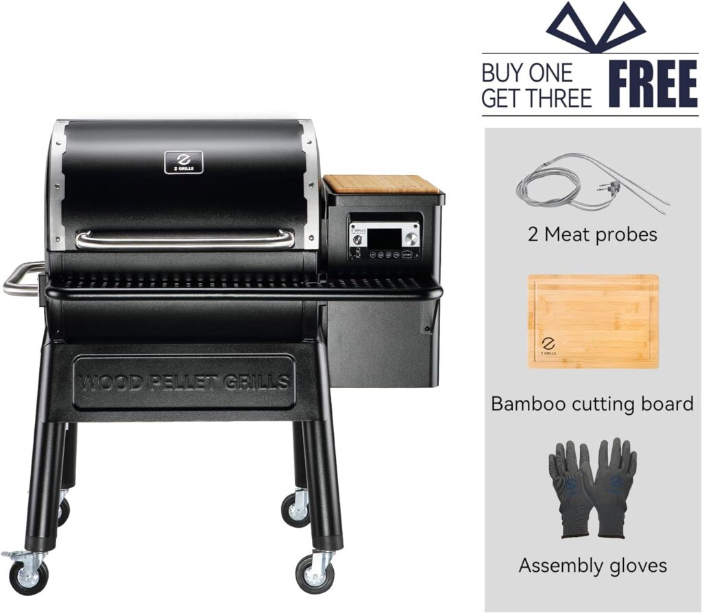 Z GRILLS Wood Pellet Grill Smoker, 8 in 1 Portable BBQ Grill with Automatic Temperature Control, Foldable Front Shelf, Rain Cover, 459 sq in Cooking Area for Patio, Backyard, Outdoor Barbecue, Bronze