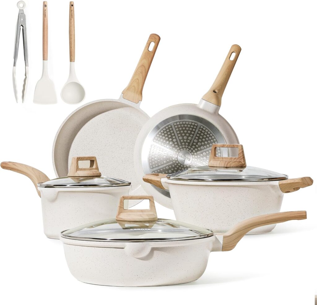 CAROTE Pots and Pans Set Nonstick, White Granite Induction Kitchen Cookware Sets, 11 Pcs Non Stick Cooking Set w/Frying Pans Saucepans(PFOS, PFOA Free)