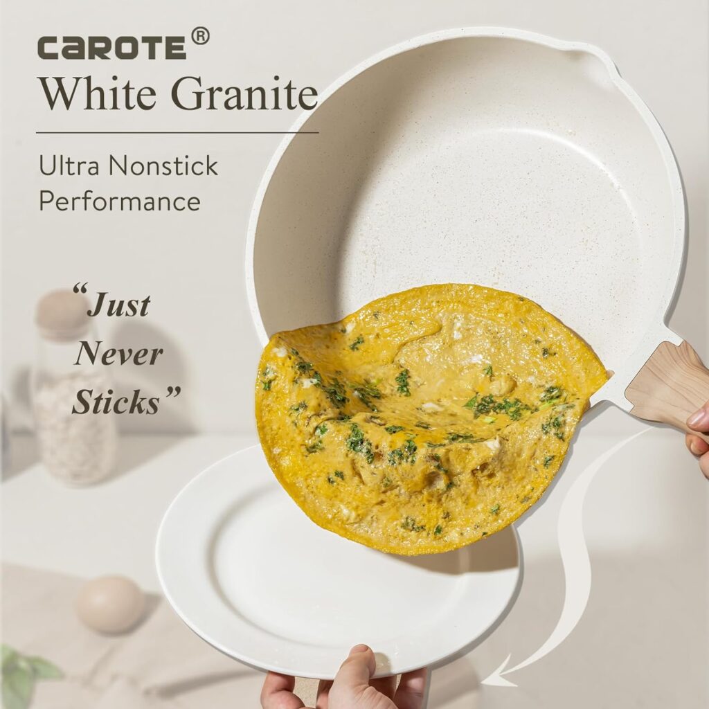 CAROTE Pots and Pans Set Nonstick, White Granite Induction Kitchen Cookware Sets, 11 Pcs Non Stick Cooking Set w/Frying Pans Saucepans(PFOS, PFOA Free)