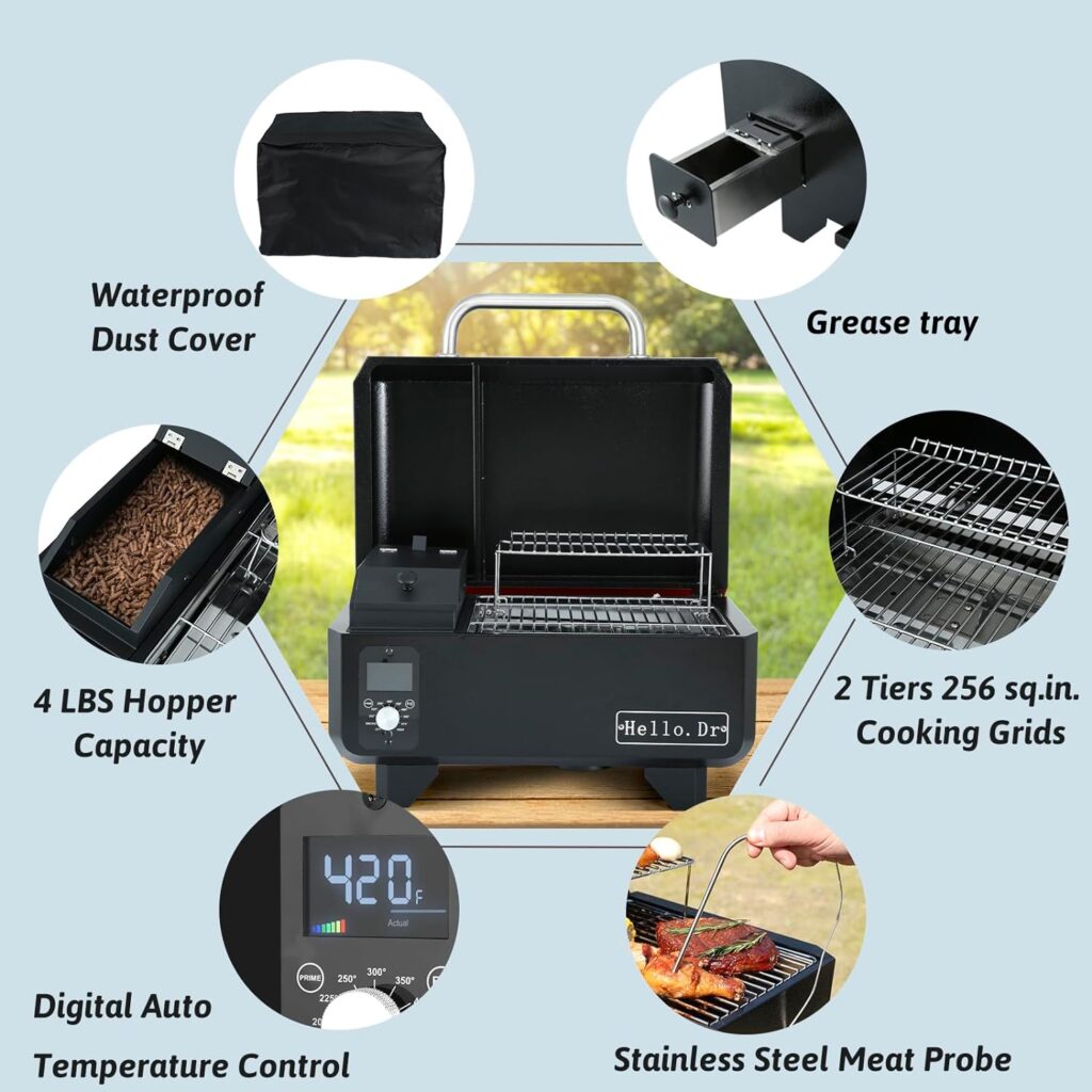 Hello.Dr Portable Wood Pellet Grill and Smoker,Electric Outdoor 8 in 1 Tabletop Grills for RV Camping Tailgating RV Cooking BBQ, Intelligent Temperature Control and Superheated Steam Technology