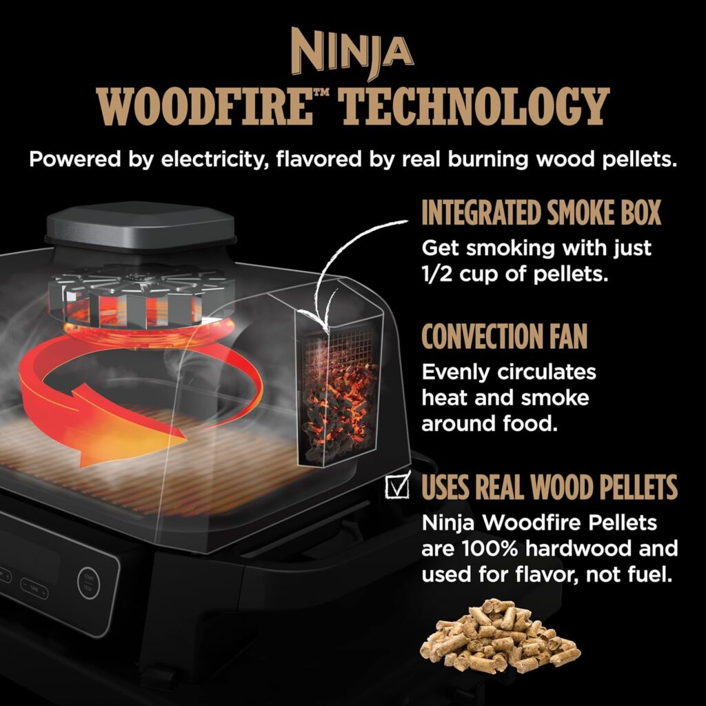 Ninja OG751BRN Woodfire Pro Outdoor Grill Smoker with Built-In Thermometer, 7-in-1 Master Grill, BBQ Smoker, Air Fryer, Bake, Roast, Dehydrate, Broil, Ninja Woodfire Pellets, Portable,Electric, Grey