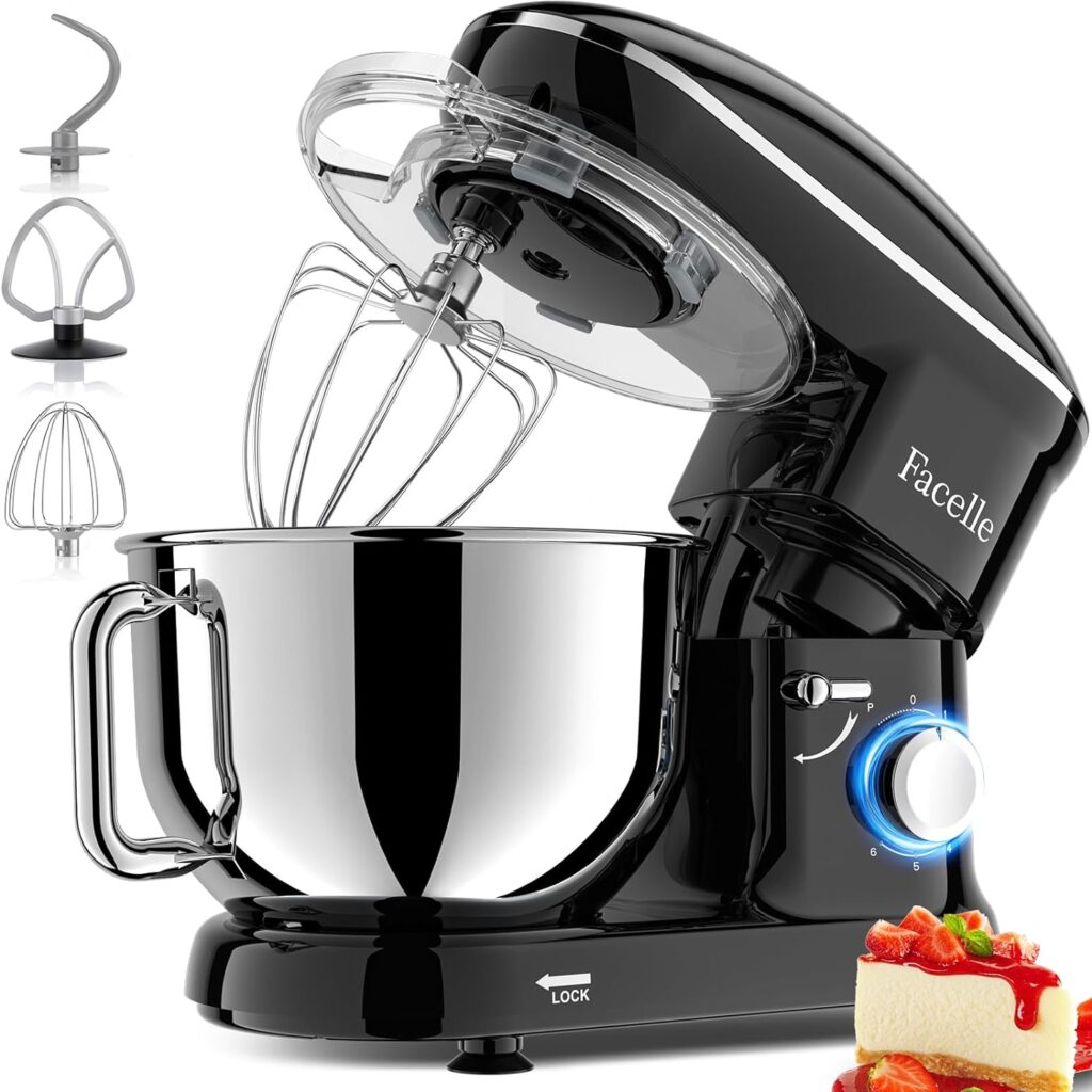 3-IN-1 Electric Stand Mixer, Facelle 6 Speed Kitchen Mixer with Pulse Button, Attachments include 6.5QT Bowl, Dishwasher Safe Beater,Dough Hook,Whisk,Splash Guard for Dough,Baking,Cakes,Cookie (Black)