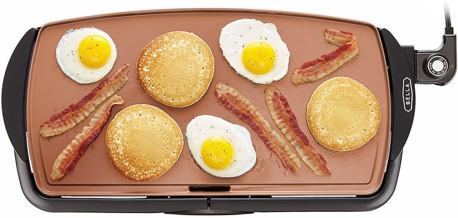 BELLA Electric Ceramic Titanium Griddle, Make 10 Eggs At Once, Healthy-Eco Non-stick Coating, Hassle-Free Clean Up, Large Submersible Cooking Surface, 10.5 x 20, Copper/Black