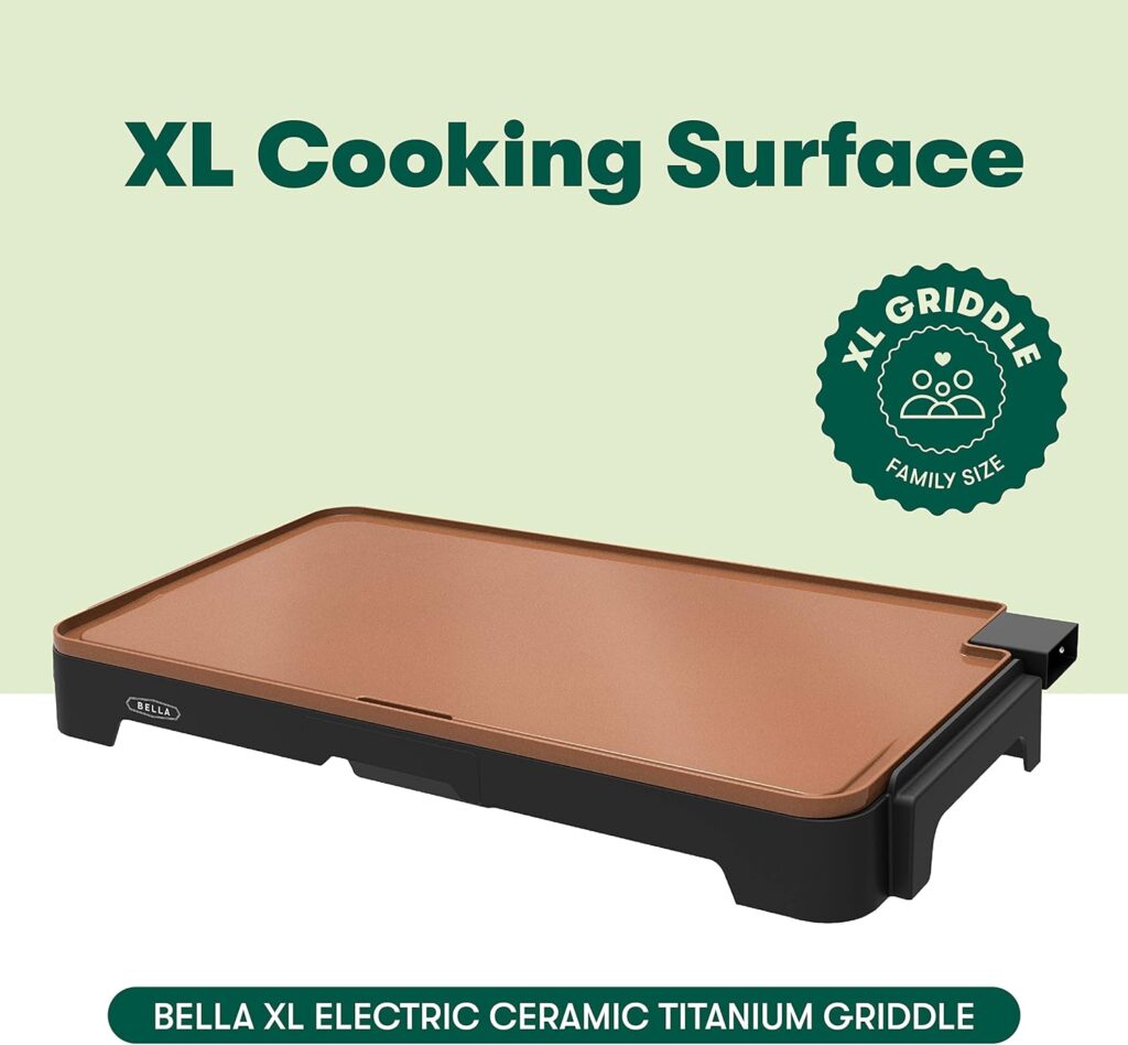 BELLA Electric Ceramic Titanium Griddle, Make 10 Eggs At Once, Healthy-Eco Non-stick Coating, Hassle-Free Clean Up, Large Submersible Cooking Surface, 10.5 x 20, Copper/Black