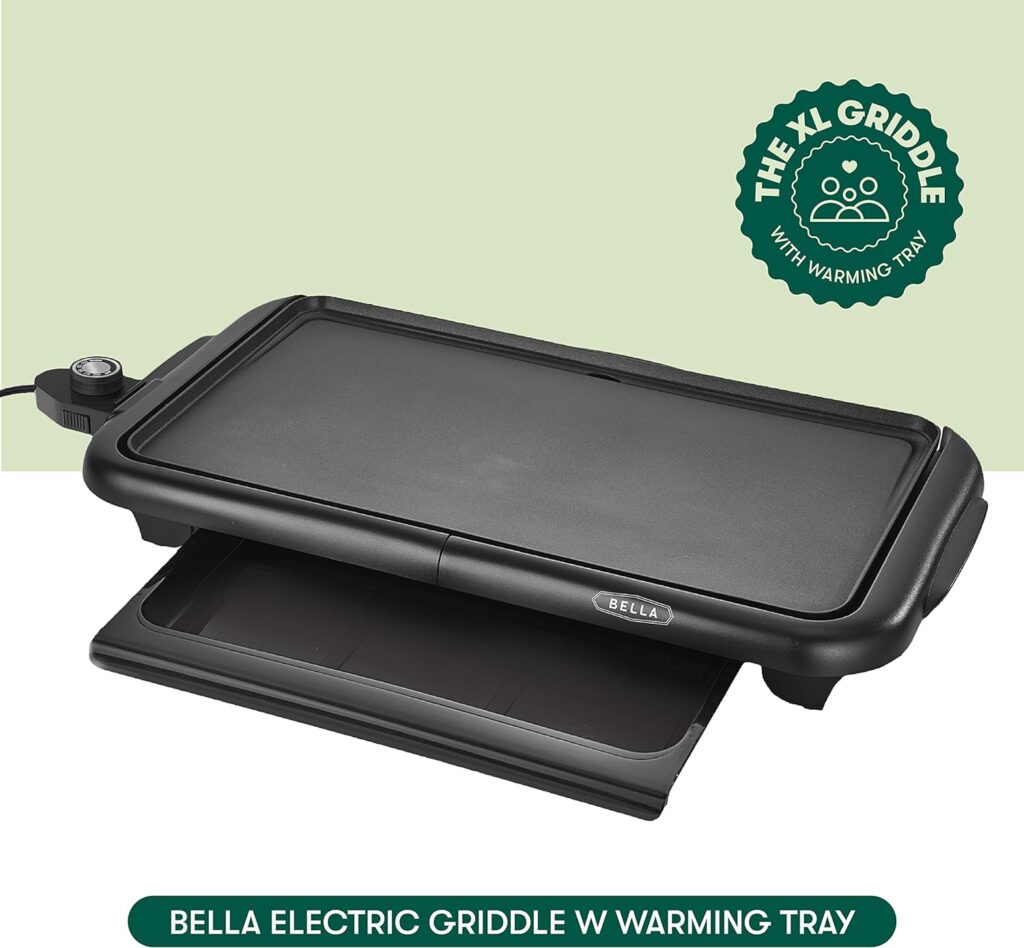 BELLA Electric Griddle with Warming Tray - Smokeless Indoor Grill, Nonstick Surface, Adjustable Temperature Cool-touch Handles, 10 x 18, Copper/Black