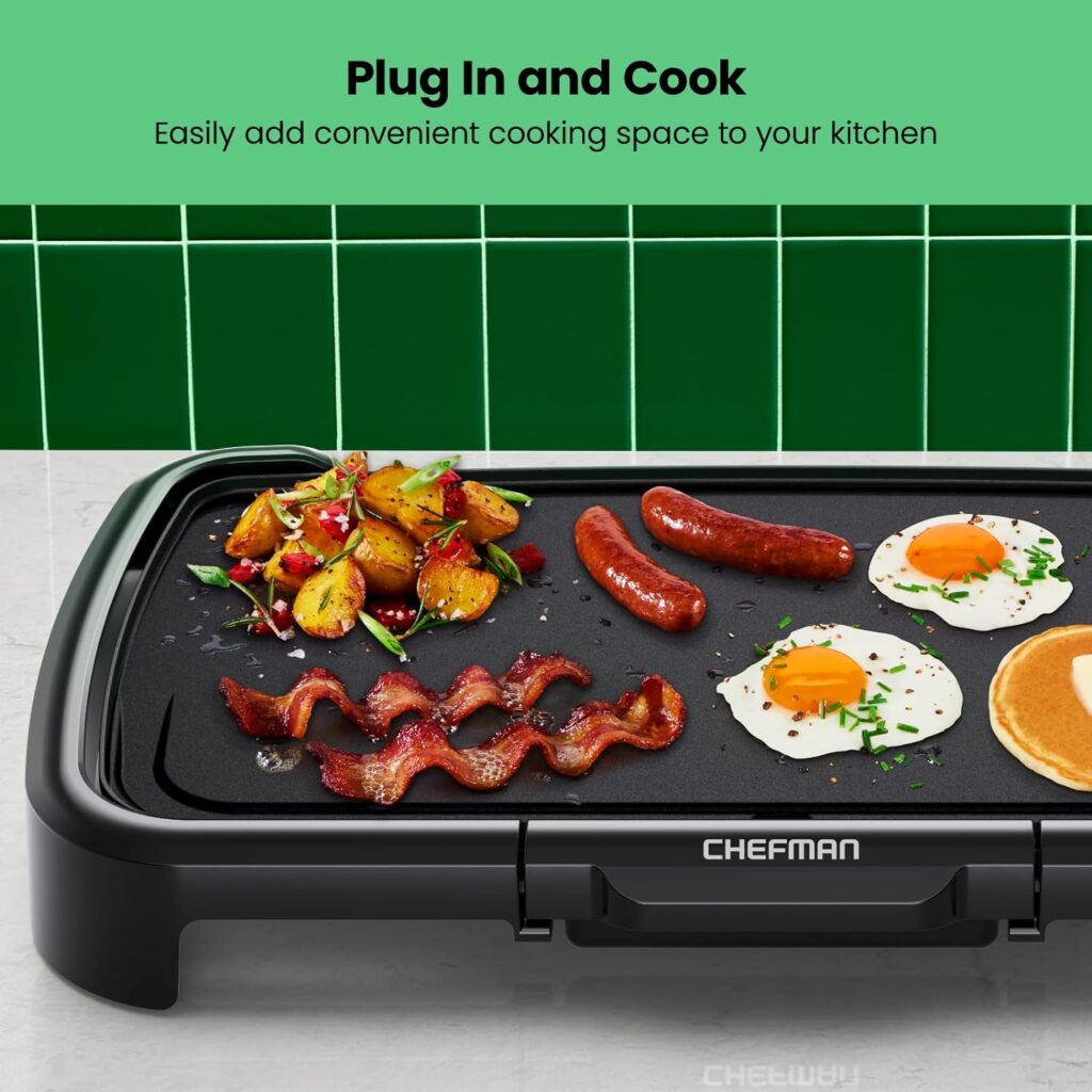 Chefman Electric Griddle with Removable Temperature Control, Immersible Flat Top Grill, Burger, Eggs, Pancake Griddle, Nonstick Easy Clean Cooking Surface, Slide Out Drip Tray, 10 x 16 Inch
