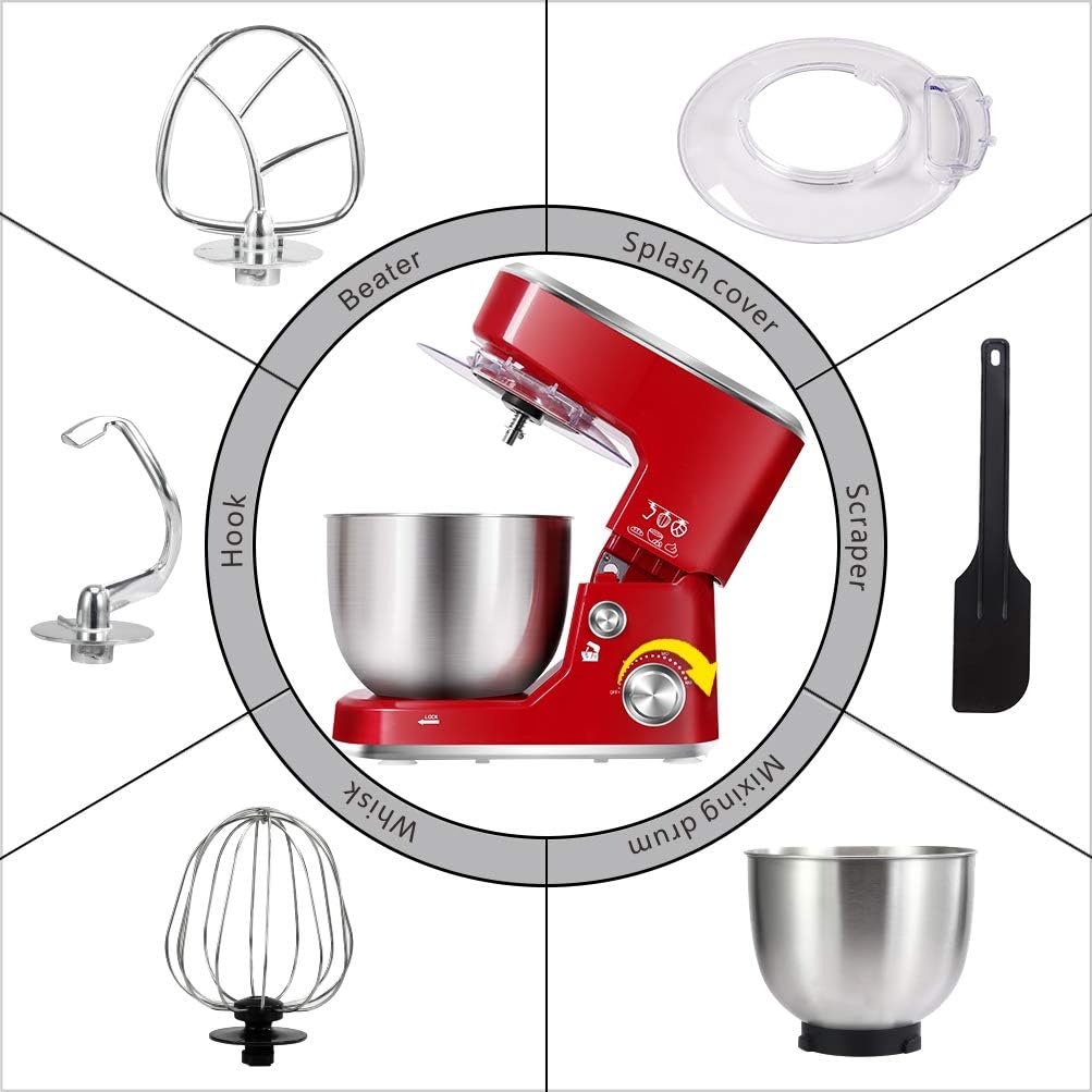 CUSIMAX Stand Mixer with 5-QT Stainless Steel Bowl, Tilt-Head Kitchen Electric Mixer with Dough Hook, Mixing Beater and Whisk, Splash Guard (Red)