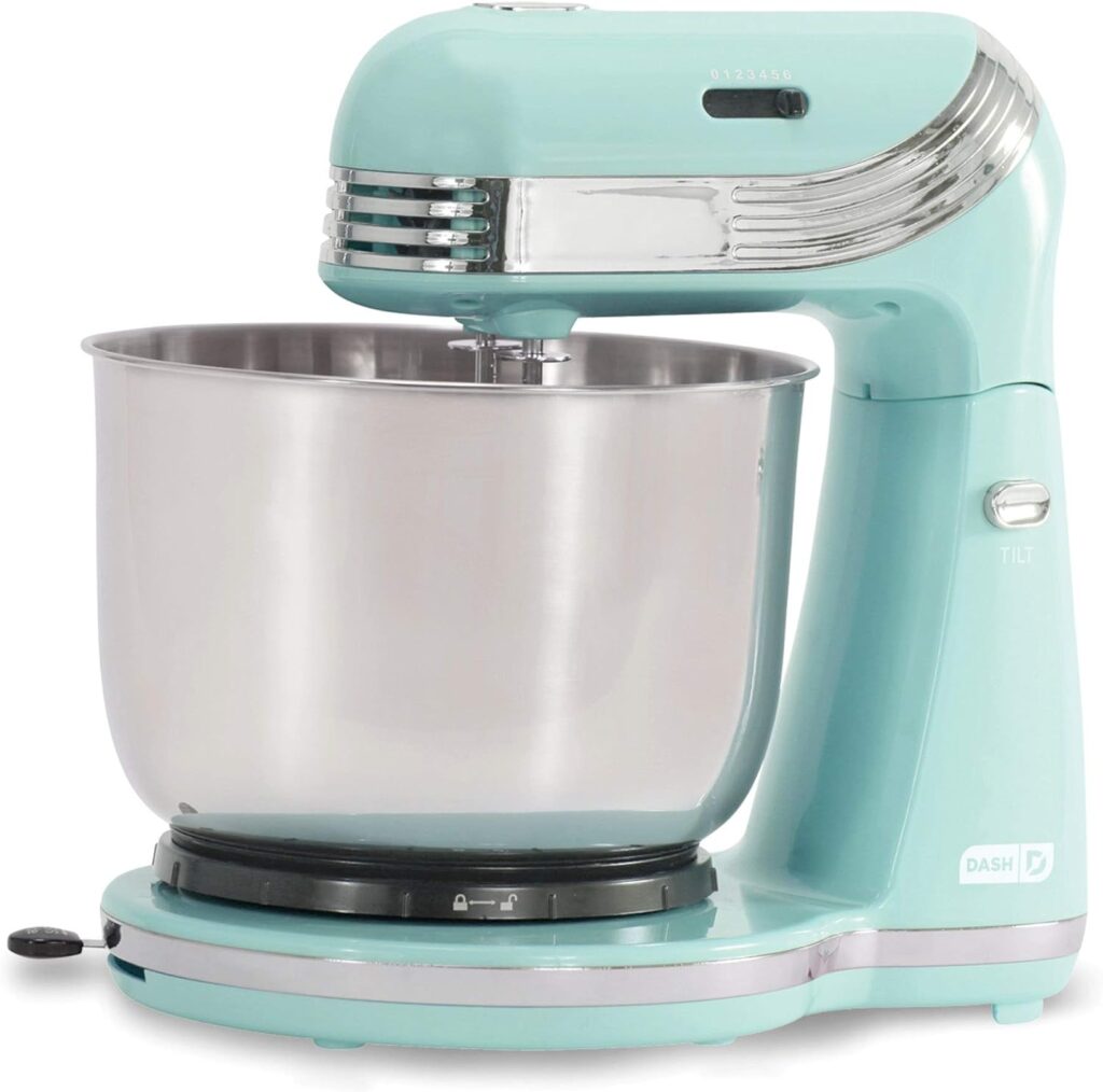 Dash Stand Mixer (Electric Mixer for Everyday Use): 6 Speed Stand Mixer with 3 Quart Stainless Steel Mixing Bowl, Dough Hooks Mixer Beaters for Dressings, Frosting, Meringues More - Aqua
