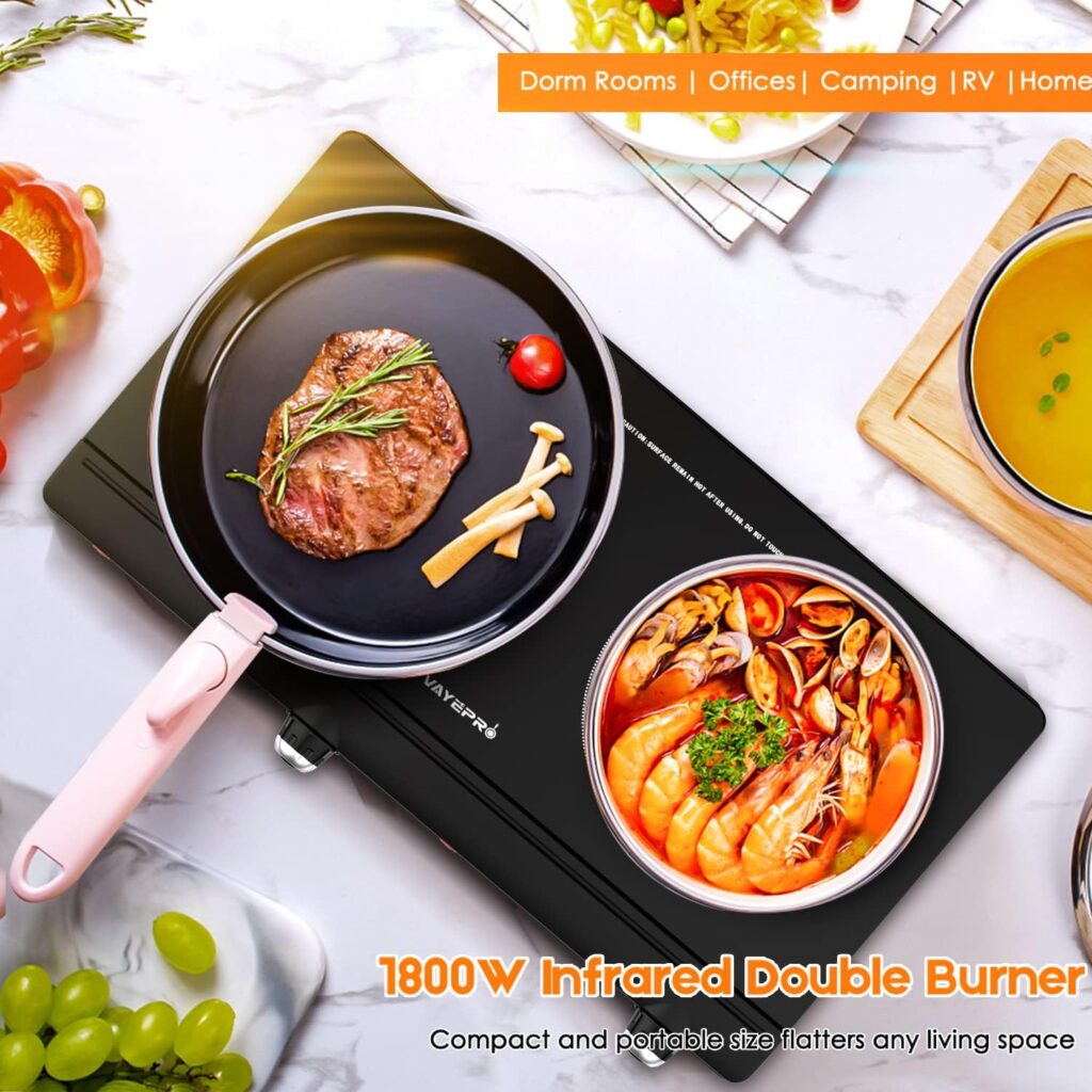 Electric Hot Plate for Cooking, Infrared Double Burner,1800W Portable Electric Stove,Heat-up In Seconds,Countertop Cooktop for Dorm Office Home Camp, Compatible with All Cookware