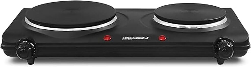 Elite Gourmet EDB-302BF# Countertop Double Cast Iron Burner, 1500 Watts Electric Hot Plate, Temperature Controls, Power Indicator Lights, Easy to Clean, Black