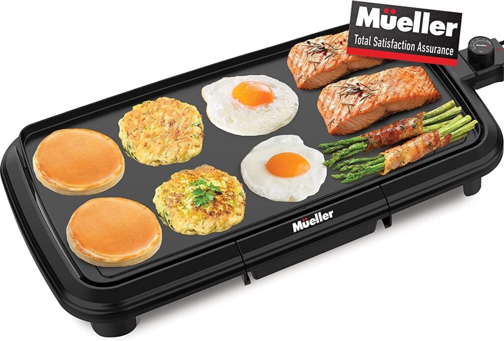Mueller HealthyBites Electric Griddle Nonstick, 20 Inch Eco Pancake Griddle Grill Teflon-free, 10 Eggs at Once, Cool-Touch Handles Slide-Out Drip Tray, for Breakfast Pancakes, Burgers, Eggs