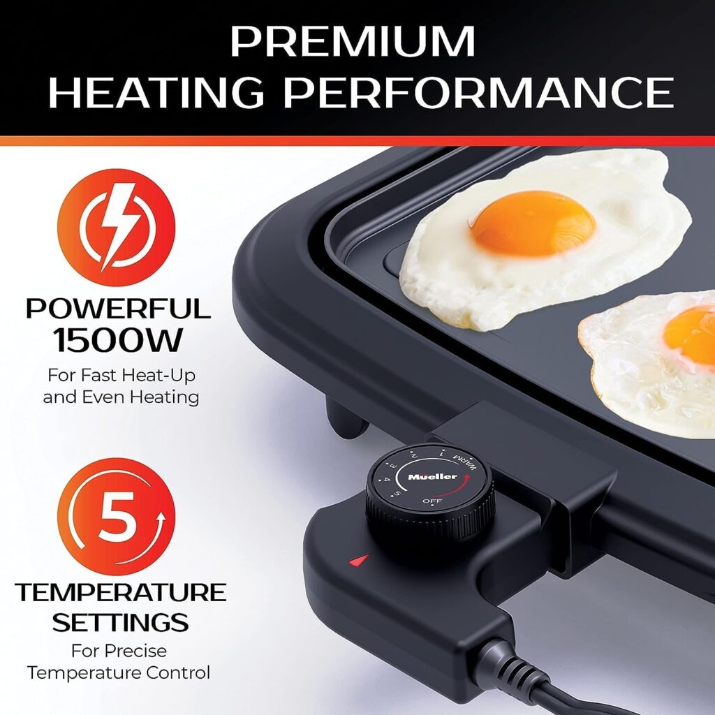 Mueller HealthyBites Electric Griddle Nonstick, 20 Inch Eco Pancake Griddle Grill Teflon-free, 10 Eggs at Once, Cool-Touch Handles Slide-Out Drip Tray, for Breakfast Pancakes, Burgers, Eggs