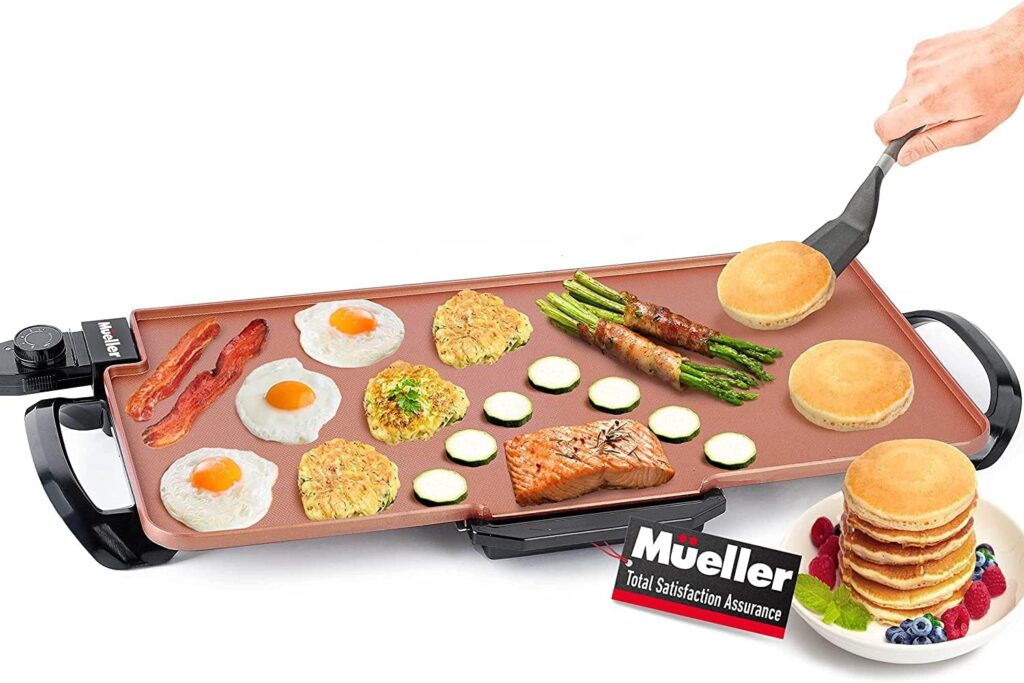 Mueller XL 24 x 12 Family-Sized Pancake Griddle, Healthy Eco Non-Stick Electric Griddle, 18 Eggs at Once, with Cool-Touch Removable Handles Temp Control, for Pancakes, Burgers, Eggs, Copper