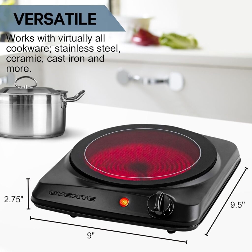 OVENTE Countertop Infrared Double Burner, 1700W Electric Hot Plate and Portable Stove with 7.75 and 6.75 Ceramic Glass Cooktop, 5 Level Temperature Setting and Easy to Clean Base, Silver BGI102S