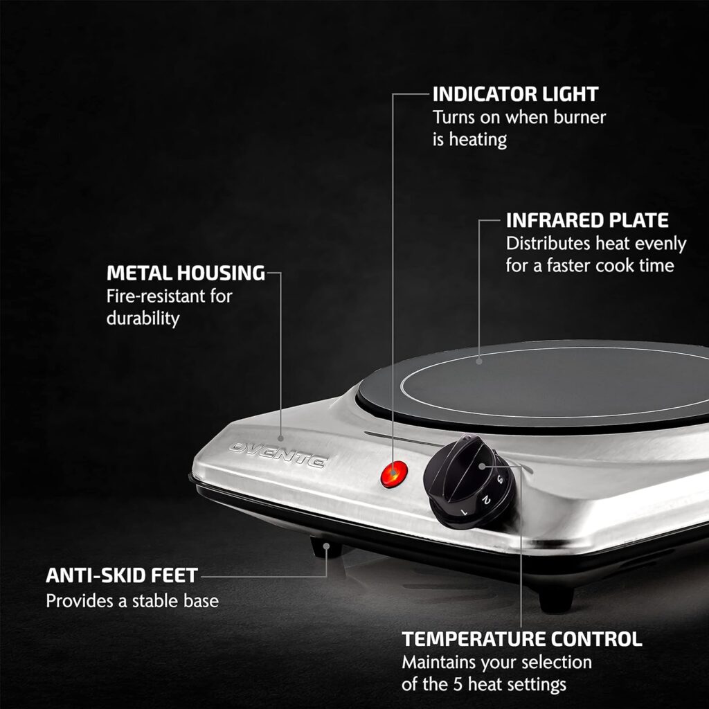 OVENTE Countertop Infrared Double Burner, 1700W Electric Hot Plate and Portable Stove with 7.75 and 6.75 Ceramic Glass Cooktop, 5 Level Temperature Setting and Easy to Clean Base, Silver BGI102S