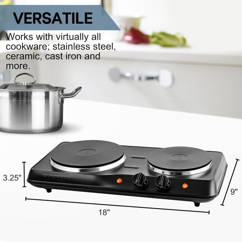OVENTE Electric Countertop Double Burner, 1700W Cooktop with 7.25 and 6.10 Cast Iron Hot Plates, Temperature Control, Portable Cooking Stove and Easy to Clean Stainless Steel Base, Black BGS102B