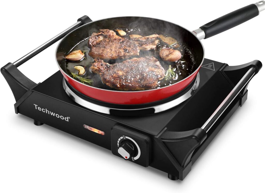 Techwood Hot Plate Portable Electric Stove 1500W Countertop Single Burner with Adjustable Temperature  Stay Cool Handles, 7.5” Cooktop for Dorm Office/Home/Camp, Compatible for All Cookwares